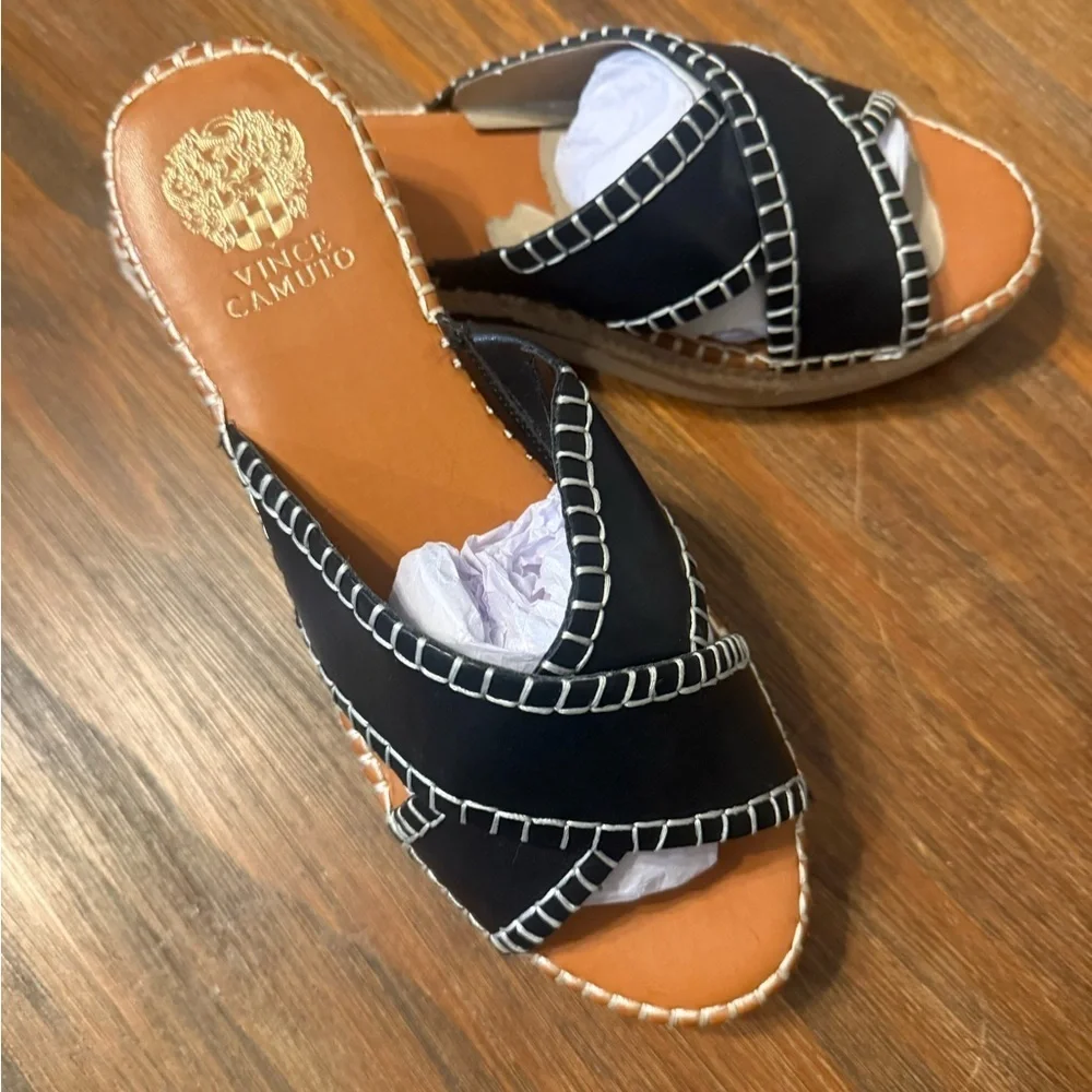 NEW Vince Camuto Black Leather Espadrille Slide Cross Band Sandals 9.5 9 1/2
